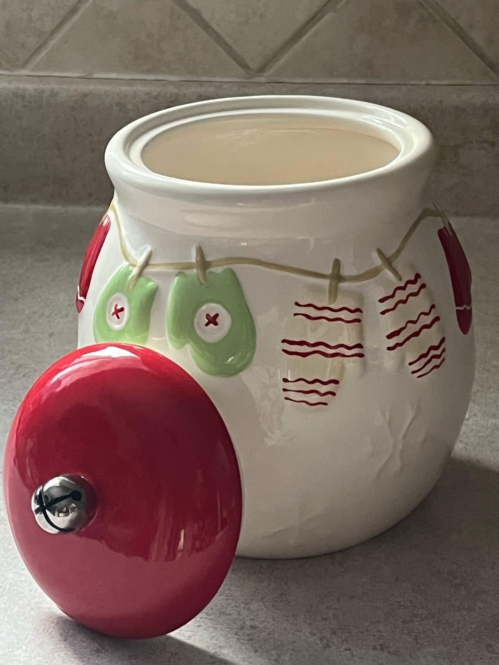 Hallmark White Ceramic Holiday Cookie Jar with Red Lid and Green Accents Vintage